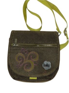 Haiku Olive Crossbody Bag with Lime Strap with Embroidery